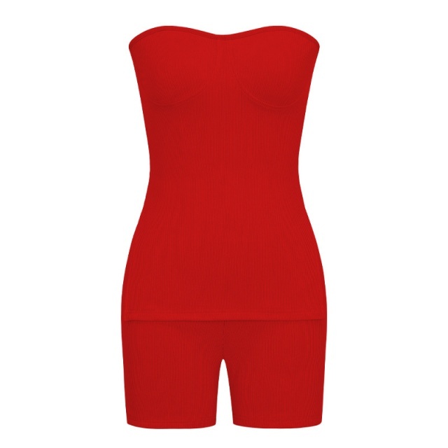 Tube Top Knitted Ribbed Slim Fit Short Set