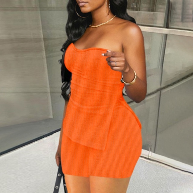 Tube Top Knitted Ribbed Slim Fit Short Set
