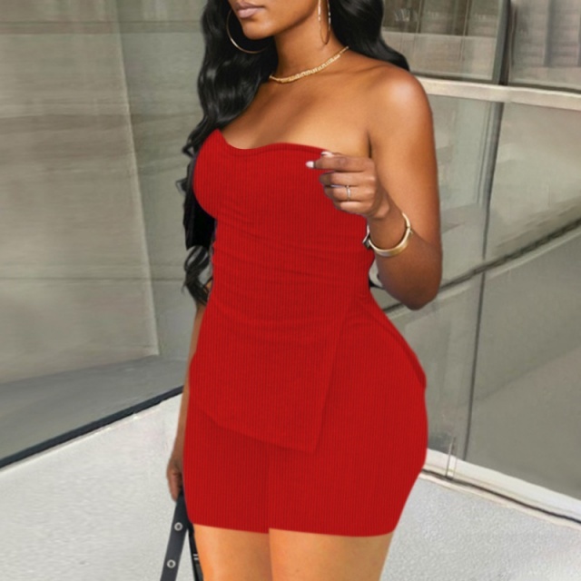 Tube Top Knitted Ribbed Slim Fit Short Set