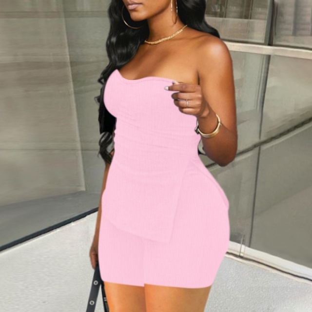 Tube Top Knitted Ribbed Slim Fit Short Set