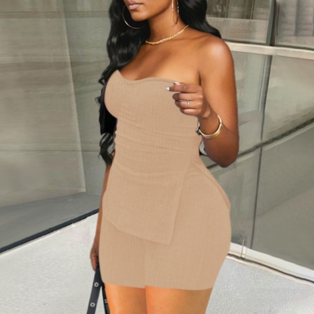 Tube Top Knitted Ribbed Slim Fit Short Set
