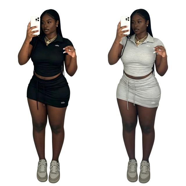 Fashion Embroidery Polo Top Drawstring Skirt Set