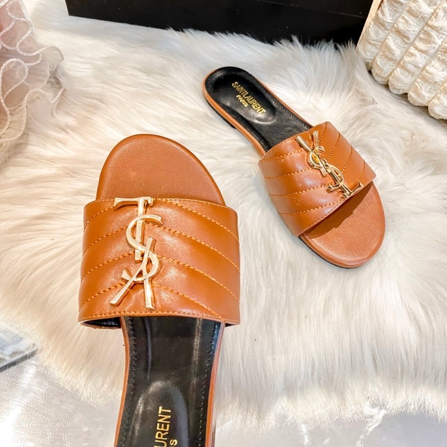 Metal Logo Leather Fashion Flat Slides