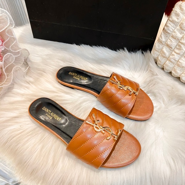 Metal Logo Leather Fashion Flat Slides