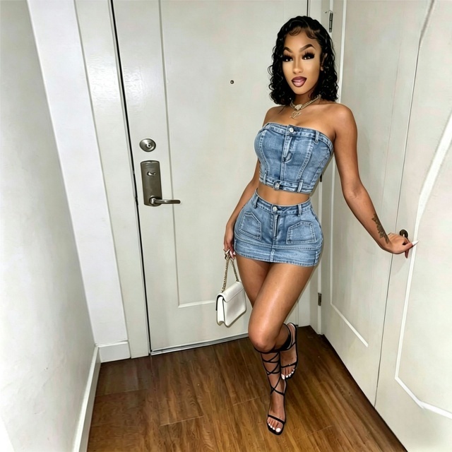 Tube Top Back Zipper Up Washed Denim Skirt Set