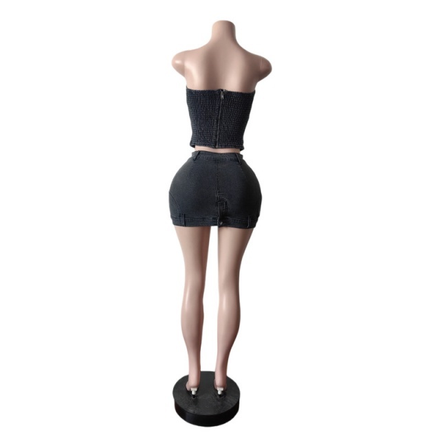 Tube Top Back Zipper Up Washed Denim Skirt Set