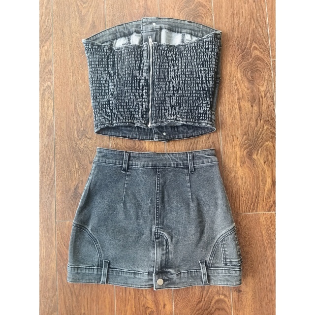 Tube Top Back Zipper Up Washed Denim Skirt Set