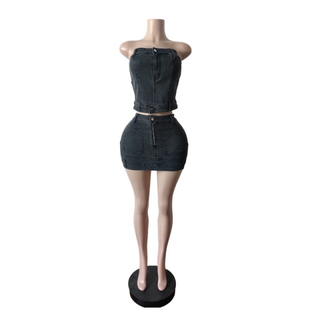 Tube Top Back Zipper Up Washed Denim Skirt Set