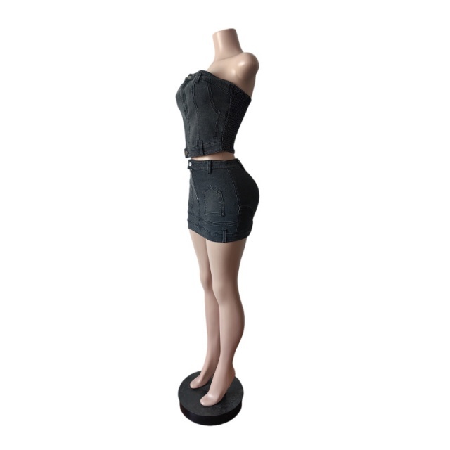 Tube Top Back Zipper Up Washed Denim Skirt Set