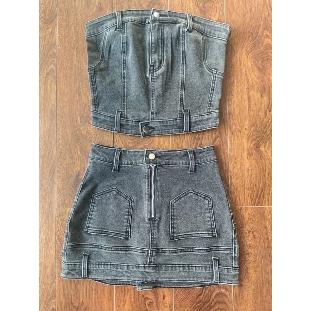 Tube Top Back Zipper Up Washed Denim Skirt Set