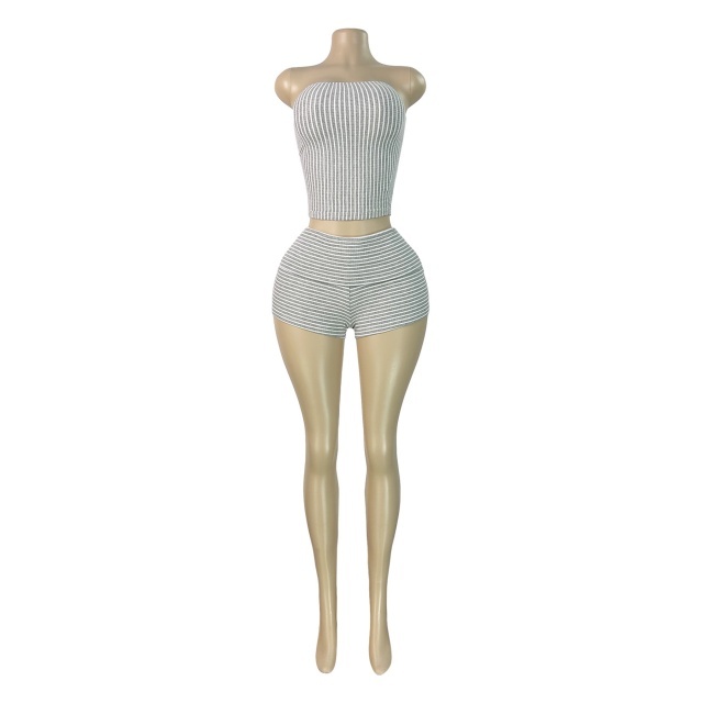 Striped Off Shoulder Tube Top Slim Fit Short Set