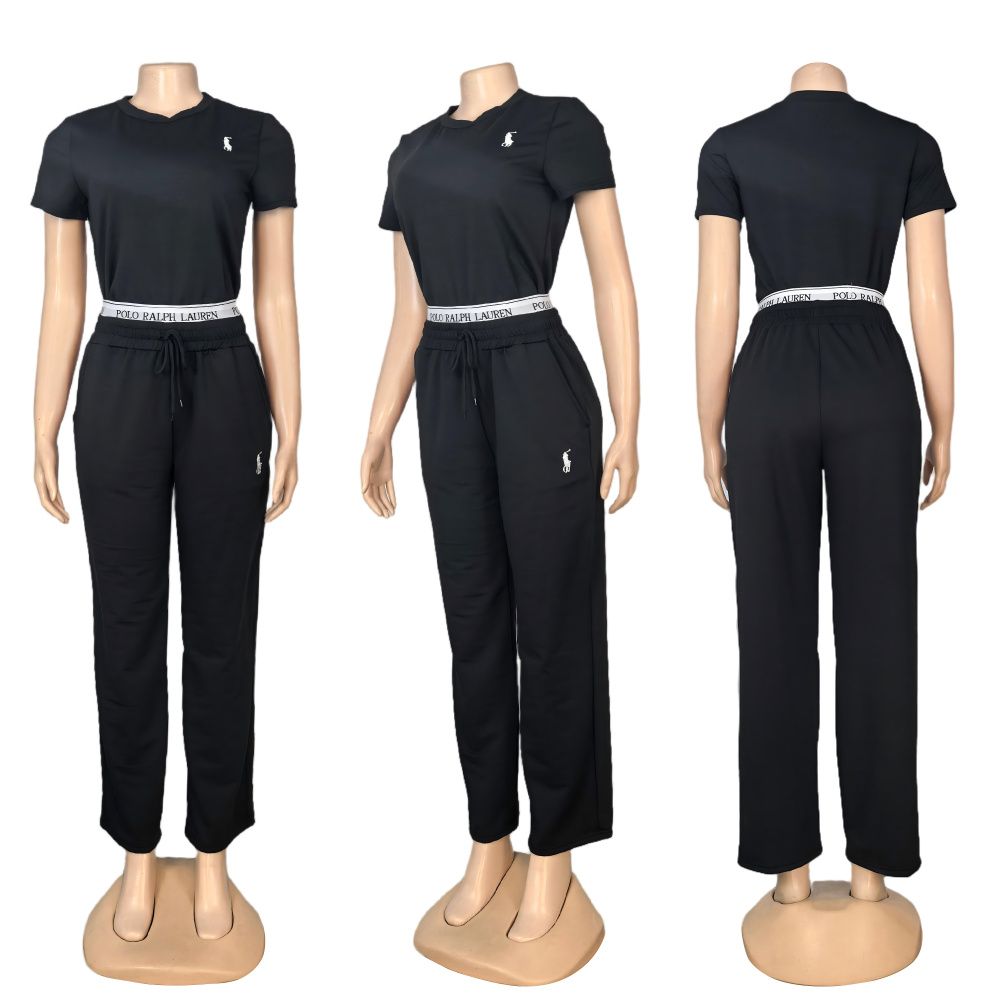 Fashion Embroidery Short Sleeve Casual Pants Suit