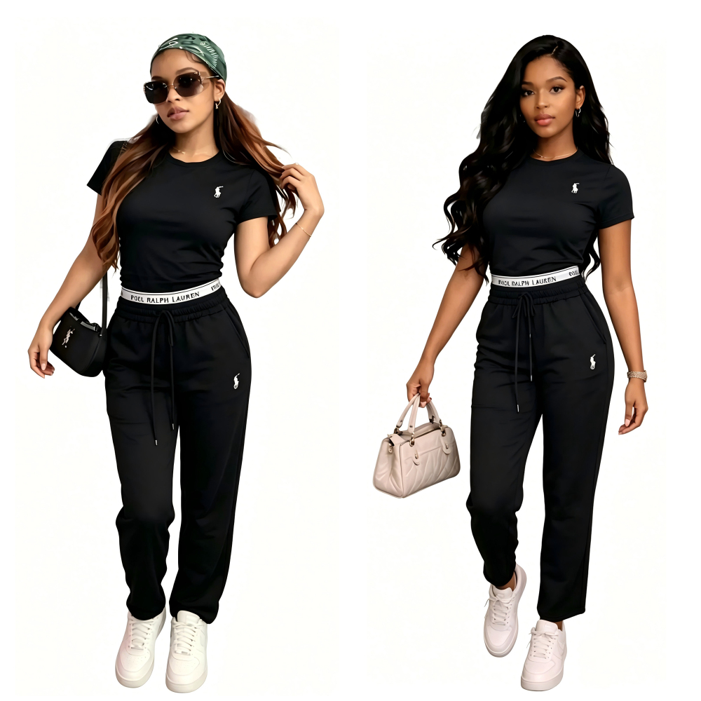 Fashion Embroidery Short Sleeve Casual Pants Suit