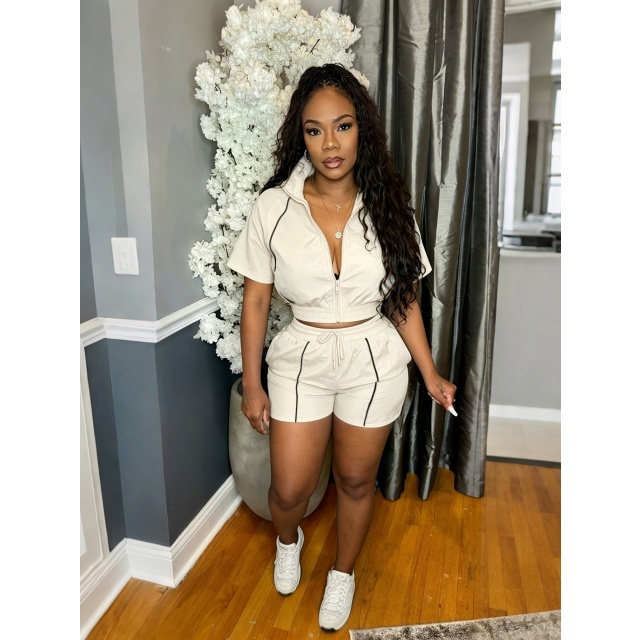 Color Block Zipper Up Top Jogger Short Set