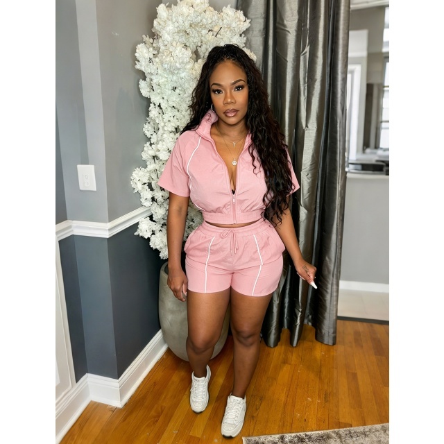 Color Block Zipper Up Top Jogger Short Set