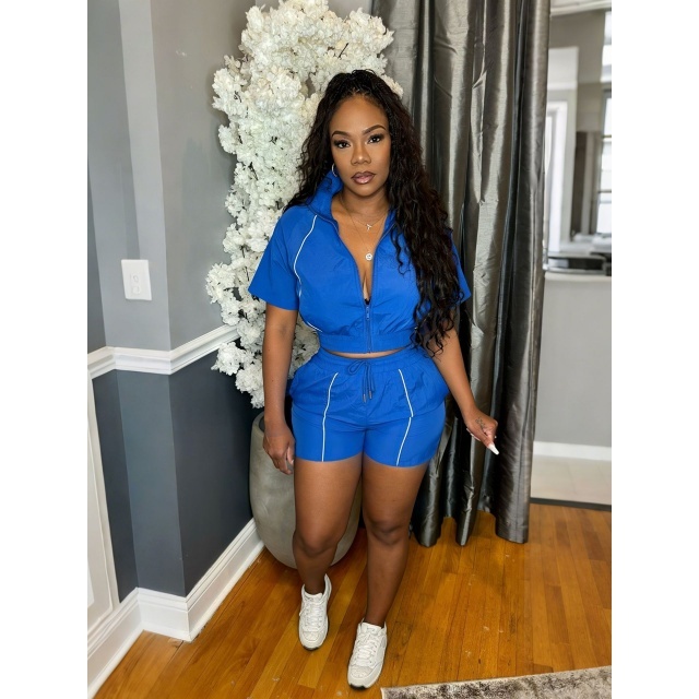 Color Block Zipper Up Top Jogger Short Set
