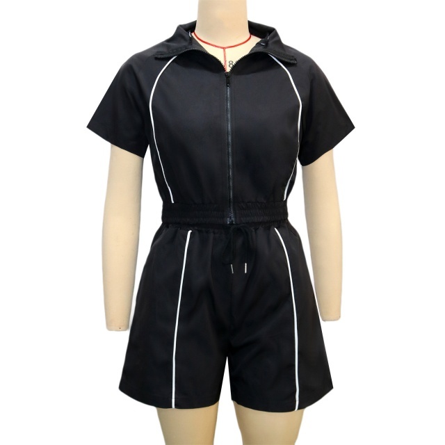 Color Block Zipper Up Top Jogger Short Set