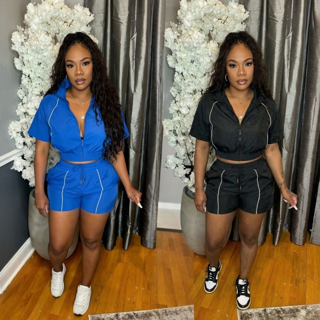 Color Block Zipper Up Top Jogger Short Set