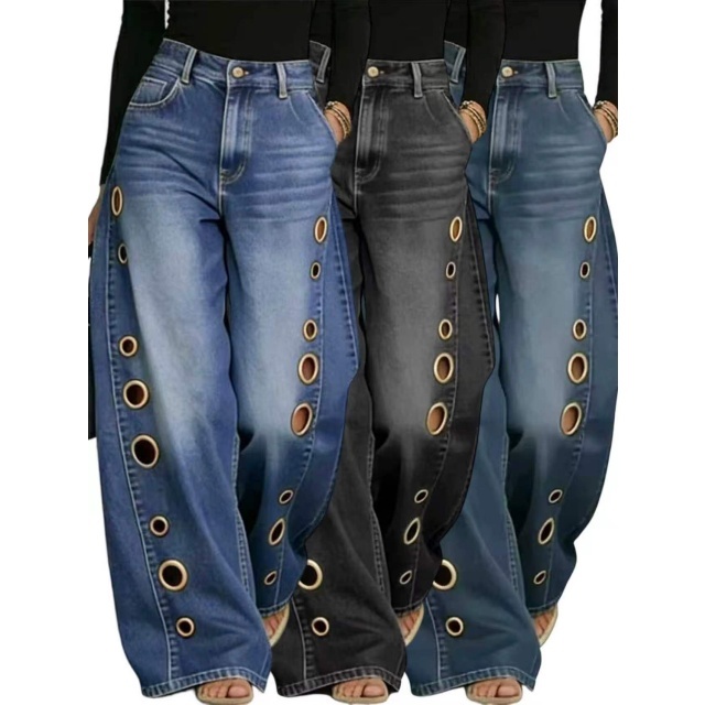 Eyelet Hollow Out Wide Legs Denim Jeans