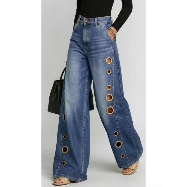 Eyelet Hollow Out Wide Legs Denim Jeans