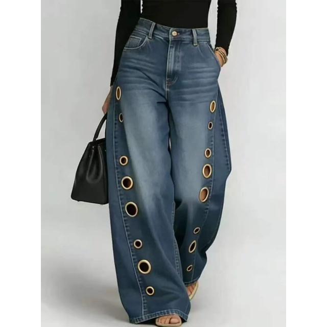 Eyelet Hollow Out Wide Legs Denim Jeans