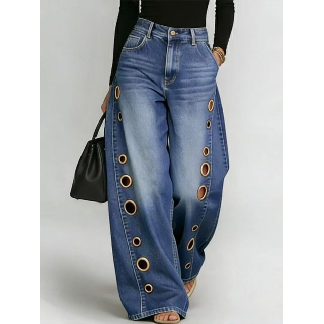 Eyelet Hollow Out Wide Legs Denim Jeans