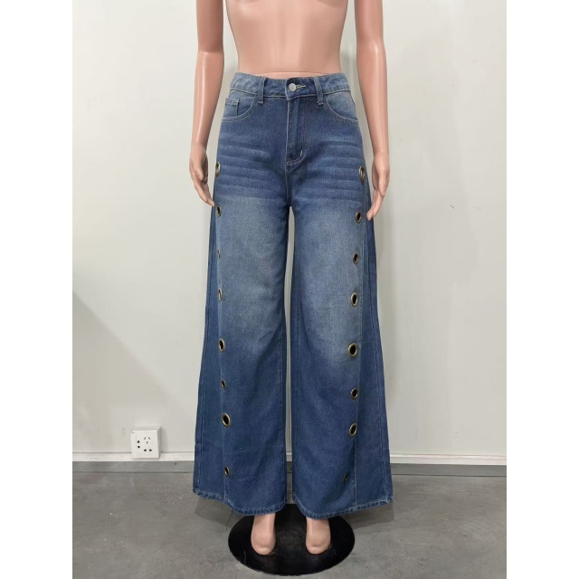 Eyelet Hollow Out Wide Legs Denim Jeans