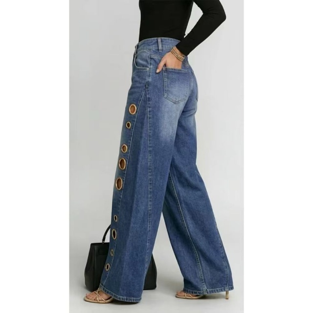 Eyelet Hollow Out Wide Legs Denim Jeans