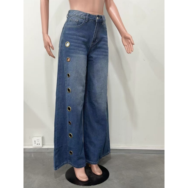 Eyelet Hollow Out Wide Legs Denim Jeans