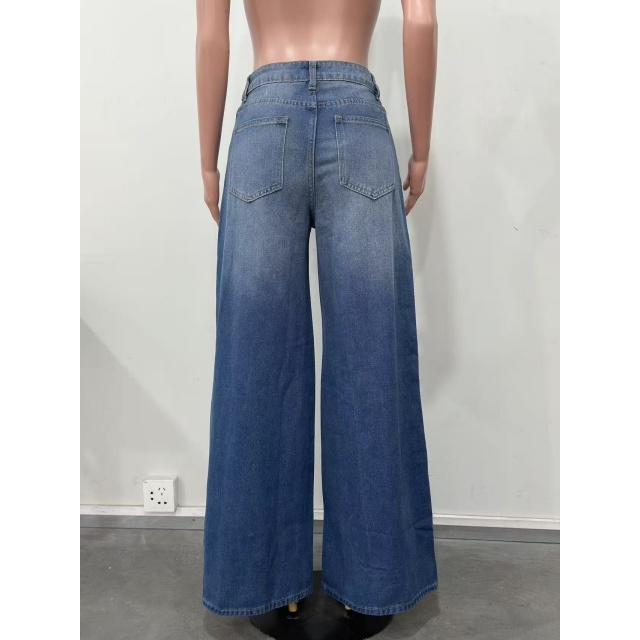 Eyelet Hollow Out Wide Legs Denim Jeans