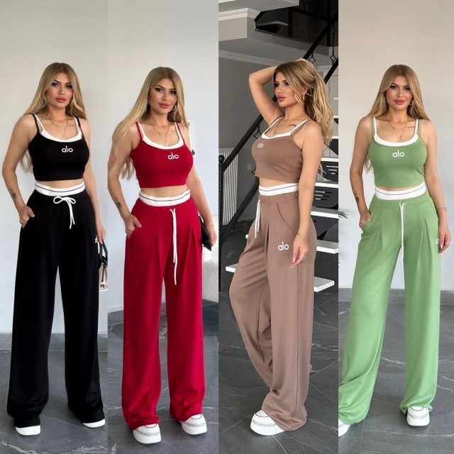 Fashion Embroidery Cami Top High Waist Pants Suit