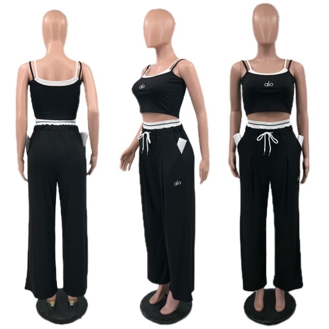 Fashion Embroidery Cami Top High Waist Pants Suit