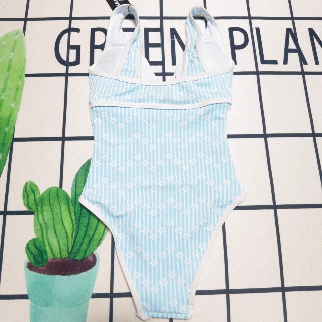 Fashion Metal Logo Striped One Piece Swimsuit