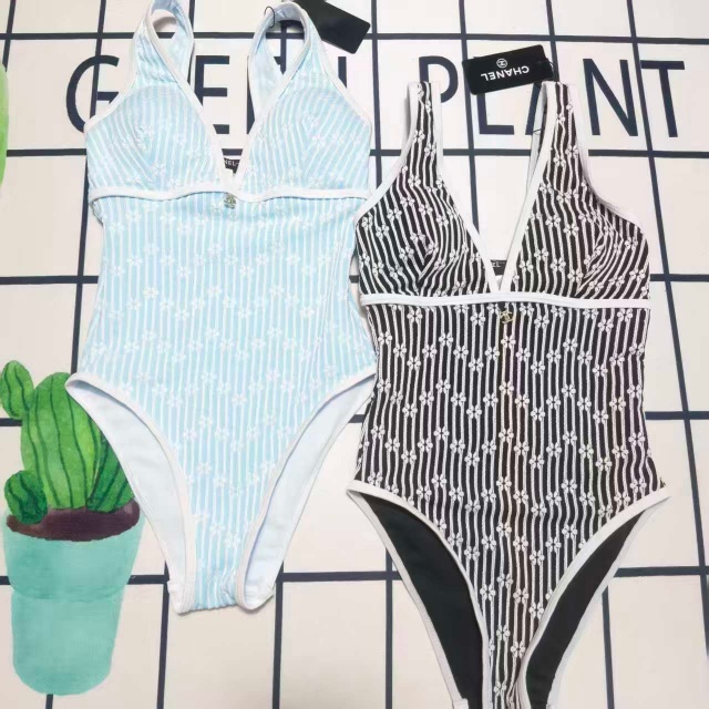 Fashion Metal Logo Striped One Piece Swimsuit