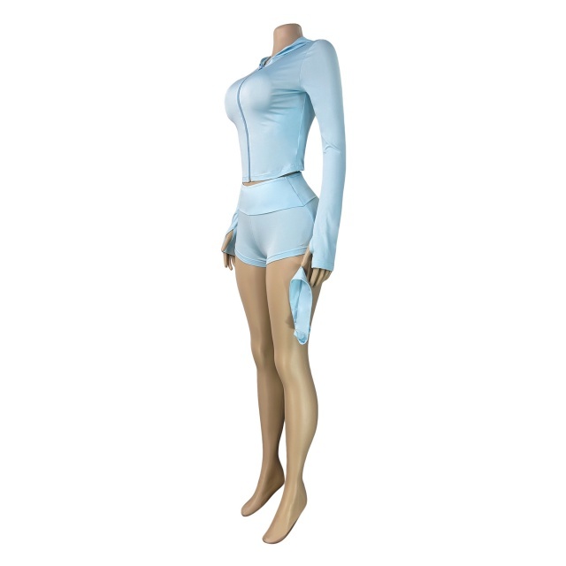 Hooded Zipped Up Top Slim Fit Short Set with Headscarf