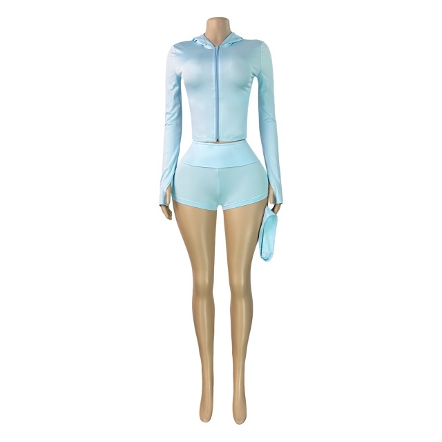 Hooded Zipped Up Top Slim Fit Short Set with Headscarf