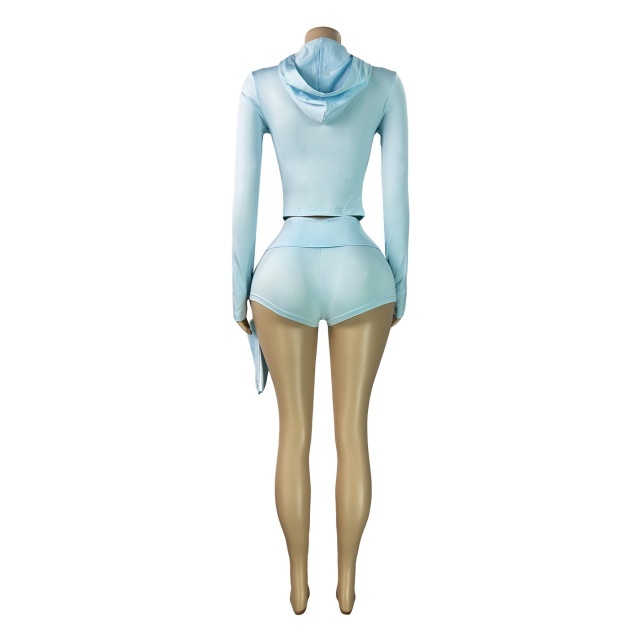 Hooded Zipped Up Top Slim Fit Short Set with Headscarf