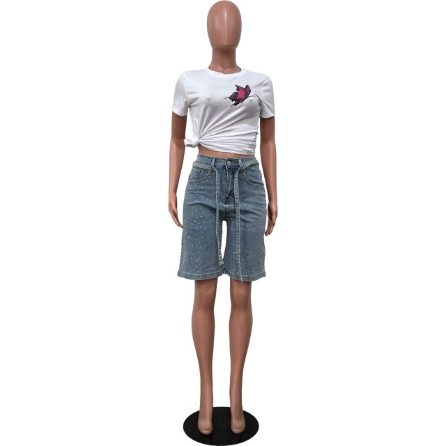 Rhinestoned Fashion Knee Legth Denim Jeans