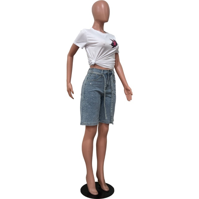 Rhinestoned Fashion Knee Legth Denim Jeans