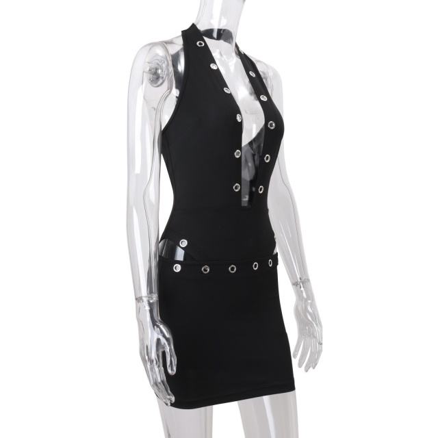 Deep V Neck Eyelet Bodysuit Top Skirt Set