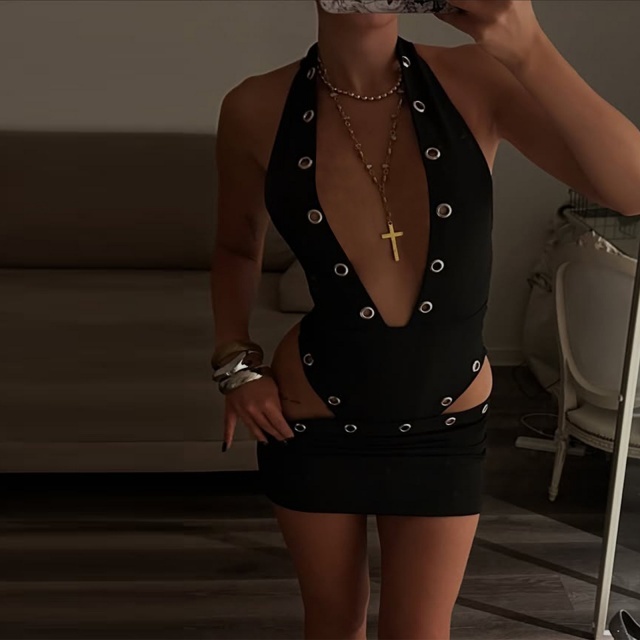 Deep V Neck Eyelet Bodysuit Top Skirt Set