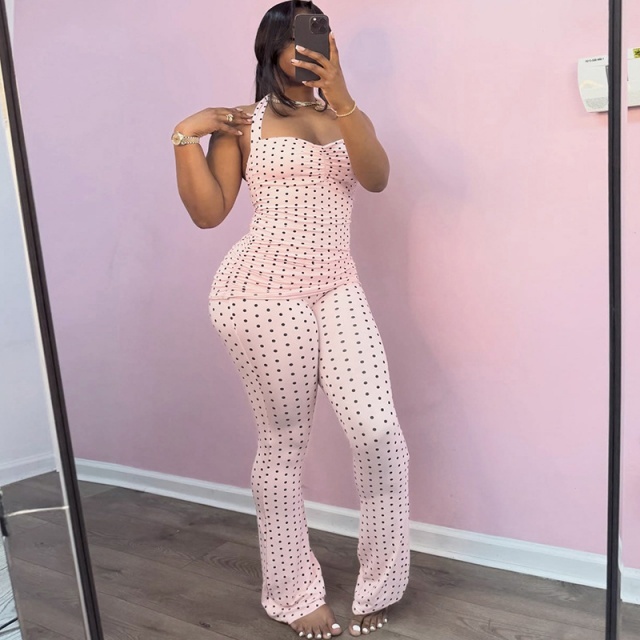 Dots Printed Halter Neck Two Pieces Pant Set