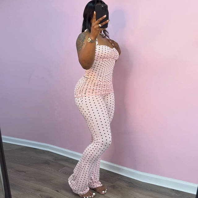Dots Printed Halter Neck Two Pieces Pant Set