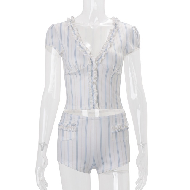Stripe Cardigan Ruffled Top Slim-fit Shorts Set