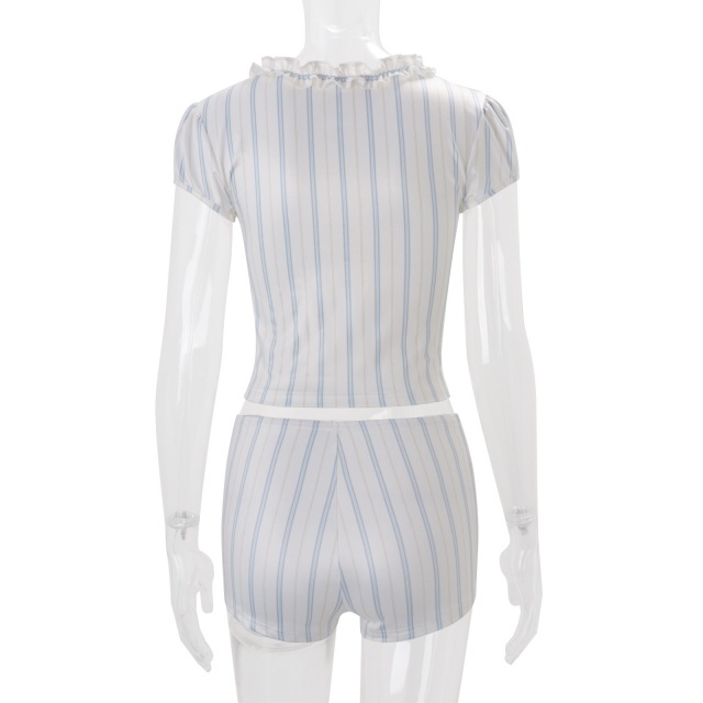 Stripe Cardigan Ruffled Top Slim-fit Shorts Set
