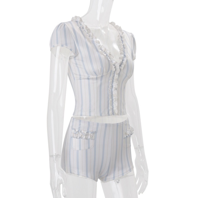 Stripe Cardigan Ruffled Top Slim-fit Shorts Set