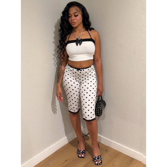Bow Suspender Top Printed Lace Pant Set