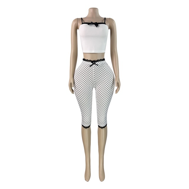 Bow Suspender Top Printed Lace Pant Set