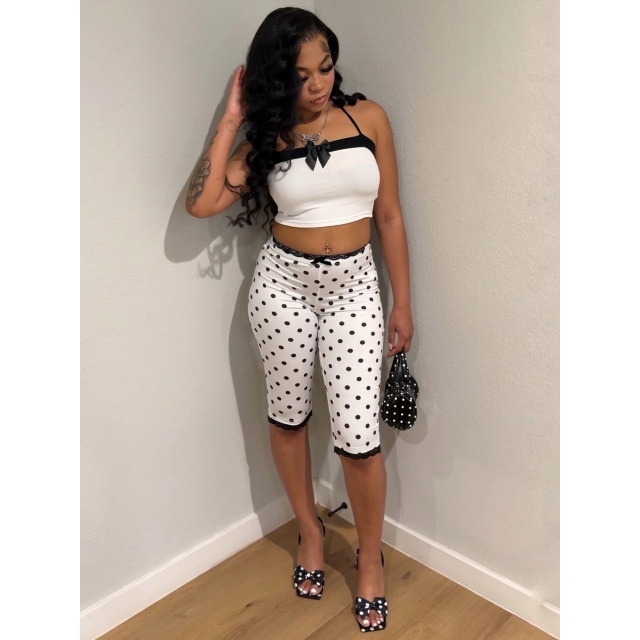 Bow Suspender Top Printed Lace Pant Set