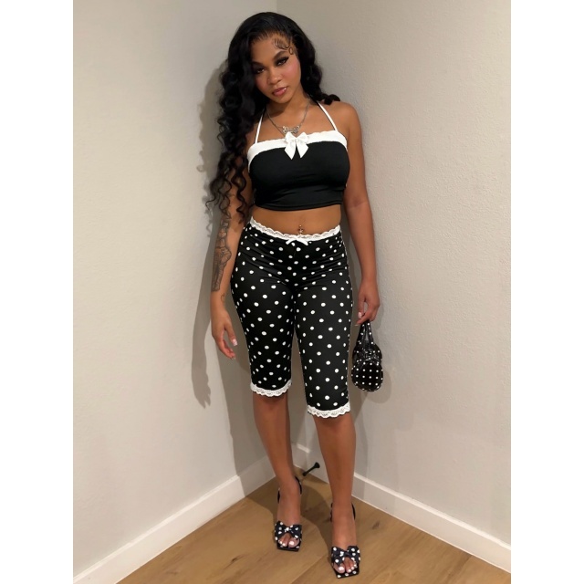 Bow Suspender Top Printed Lace Pant Set